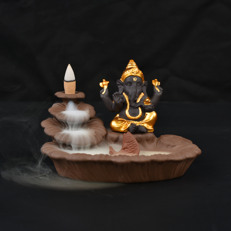 golden sit style  Ganesha backflow Ceramic incense burner  1388