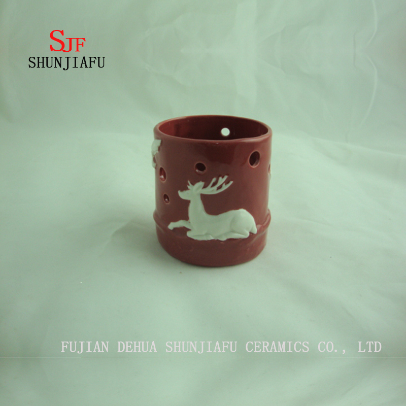 Candelero de cerámica de la taza de la vela del modelo de los ciervos para las luces del té, tamaño del color rojo 3