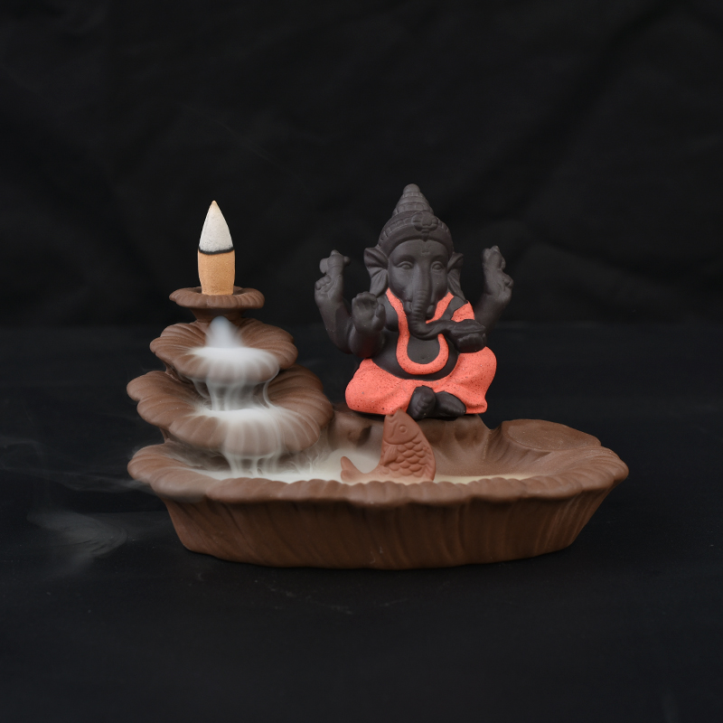 Red sit style  Ganesha backflow Ceramic incense burner  1387