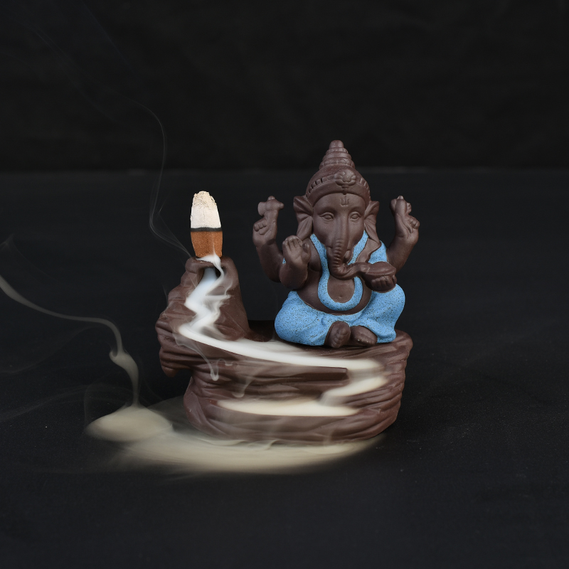 blue sit style  Ganesha backflow Ceramic incense burner  1744