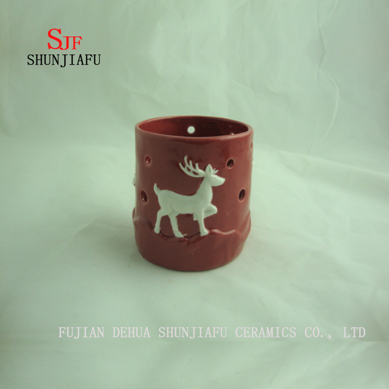 Candelero de cerámica de la taza de la vela del modelo de los ciervos para las luces del té, tamaño del color rojo 3
