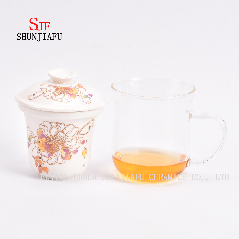 Taza de t&eacute; de flores de vidrio de filtro de cer&aacute;mica 400ml