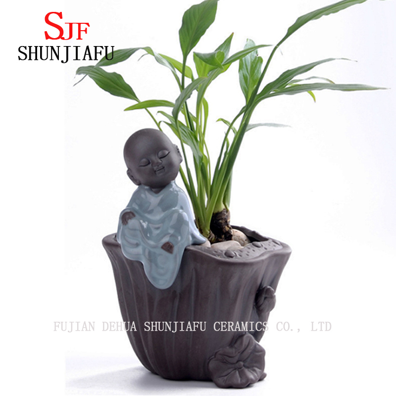Maceta vintage de cer&aacute;mica para hogar / jard&iacute;n con monje peque&ntilde;o y Buda