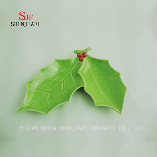 Plato doble navideño de cerámica de 2 hojas / tamaño verde