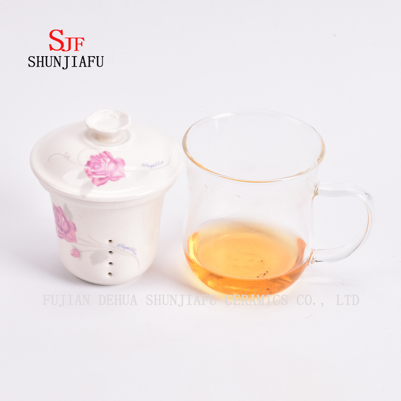 Taza de flores de vidrio resistente al calor Filtro de revestimiento de cer&aacute;mica en tazas transparentes de oficina cubiertas, 400 ml