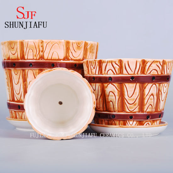 Maceta de 3 tamaños en forma de barril con platillos adjuntos Macetas de cerámica