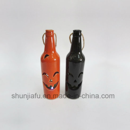 Venta caliente botella forma decoraciones de cerámica de Halloween con función LED