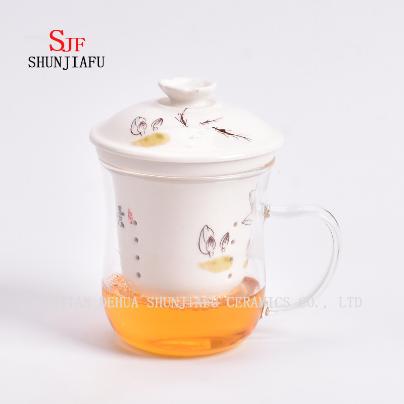 Tazas de cer&aacute;mica Taza de t&eacute; de vidrio de doble pared Taza transparente creativa Juego de tres piezas con filtro y tapa Tazas de t&eacute; de flor color de rosa Taza de cer&aacute;mica de vidrio