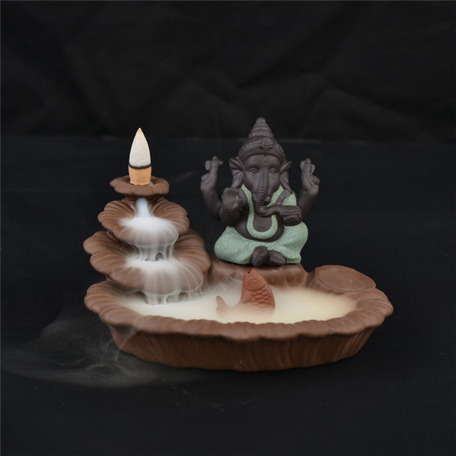 Sostenedores de palo verde Ganesha reflujo quemador de incienso Elefante dios emblema Auspicioso y florero de vidrio Éxito Censero de cono de cerámica Decoración para el hogar