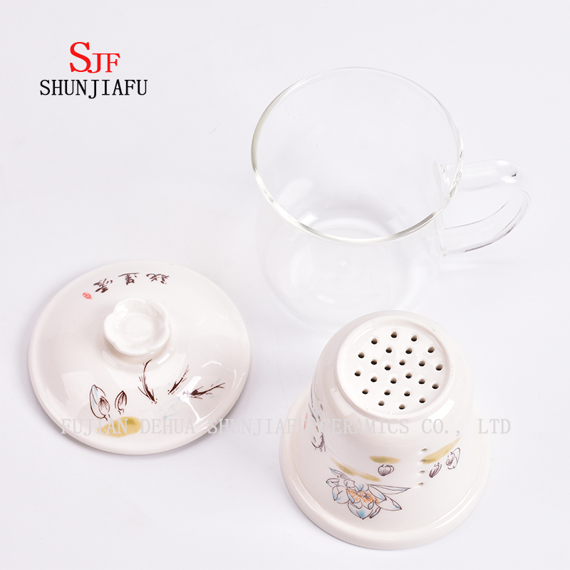 Tazas de cer&aacute;mica Taza de t&eacute; de vidrio de doble pared Taza transparente creativa Juego de tres piezas con filtro y tapa Tazas de t&eacute; de flor color de rosa Taza de cer&aacute;mica de vidrio