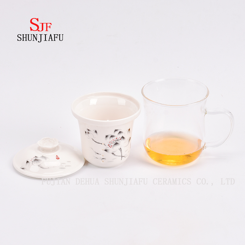 Taza de t&eacute; de flores de oficina y hogar, combinaci&oacute;n de taza de cer&aacute;mica y vidrio, t&eacute;, caf&eacute;, t&eacute; de flores