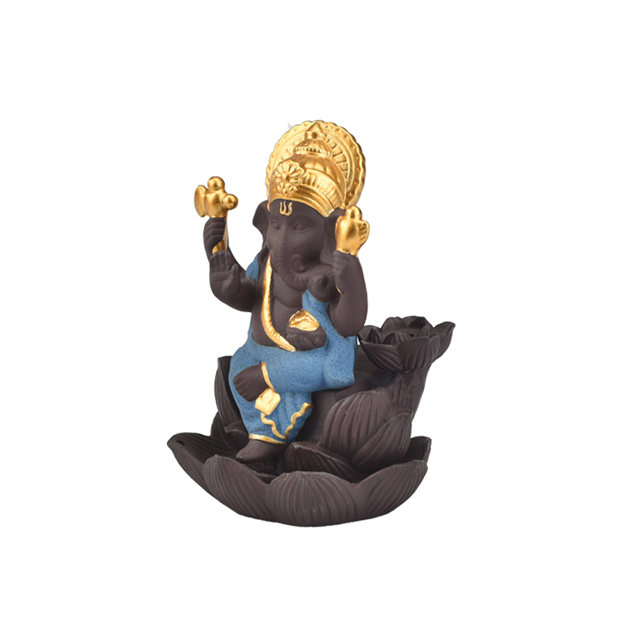 Creative Home Decor The Blue Ceramic Ganesha / Ceramic Ganesha Statue Censer Backflow Incense Burner - azul