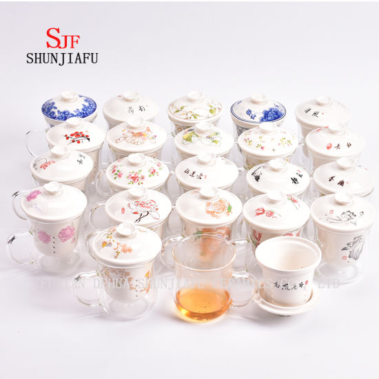 Tazas de cerámica Taza de té de vidrio de doble pared Taza transparente creativa Juego de tres piezas con filtro y tapa Tazas de té con flores de rosas Taza de cerámica de vidrio