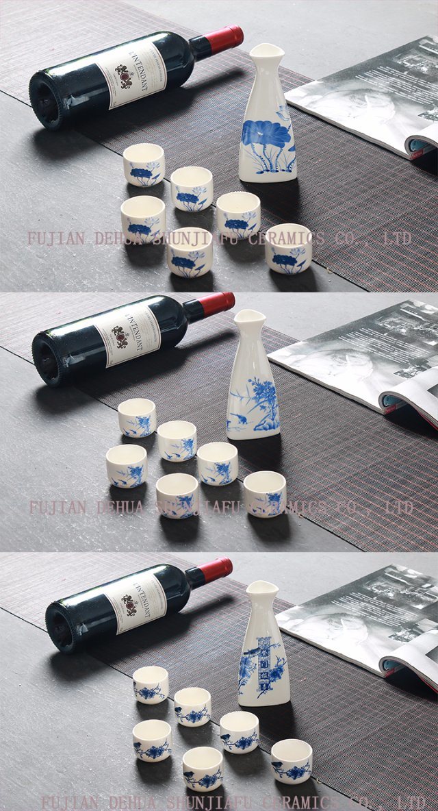 Conjunto de vinos de tri&aacute;ngulo, vino de la taza de utensilios de cer&aacute;mica, vino para beber vino.