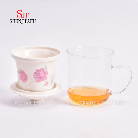 Taza de flores de vidrio resistente al calor Filtro de revestimiento de cerámica en tazas transparentes de oficina cubiertas, 400 ml