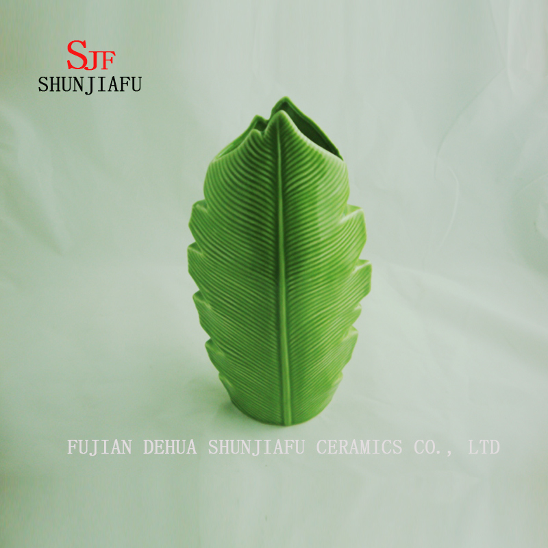 Florero de cer&aacute;mica de hoja de pl&aacute;tano verde de 3 tama&ntilde;os / B