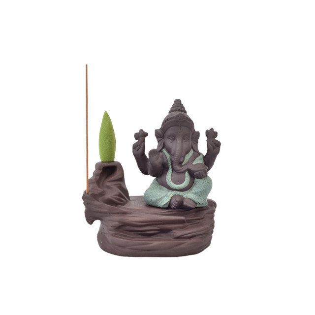Home Stick Holders verde Ganesha Backflow Quemador de incienso Elefante dios Emblema Auspicioso y Éxito Ceramic Cone Censer Decoración para el hogar