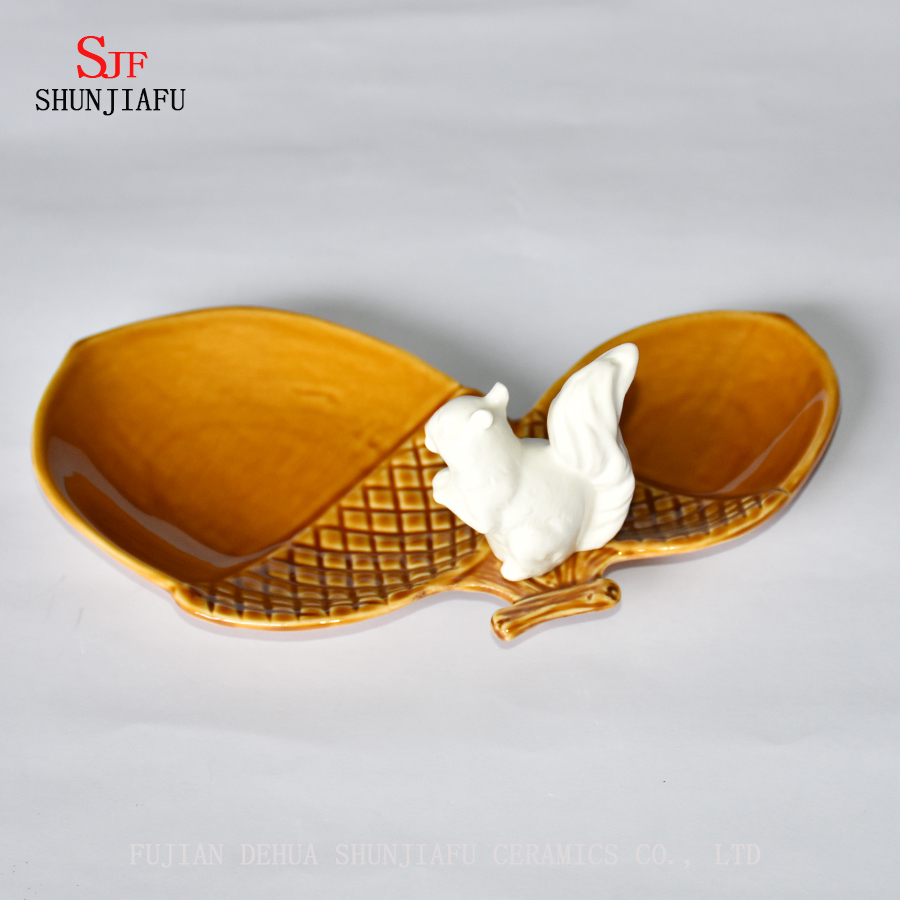 Creative Conos de pino doble y Cute Bird Condimento de cer&aacute;mica Plato / B
