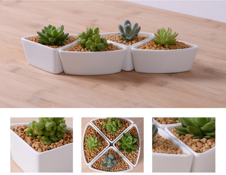 Maceta Triangular Cer&aacute;mica Blanca con Base de Bamb&uacute;