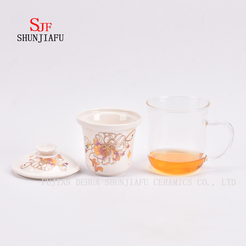 Taza de t&eacute; de flores de vidrio de filtro de cer&aacute;mica 400ml