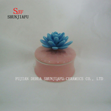 Joyero de cerámica con tapa de flor rosa azul