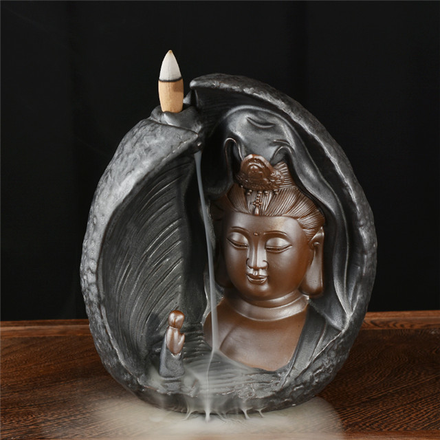 Decoración de muebles para el hogar Cerámica Oro negro Negro guanyin incensario reflujo Estatua de Buda Regalos artesanales