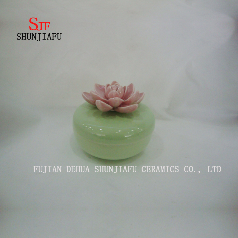 Joyero de cer&aacute;mica con tapa de flor rosa azul