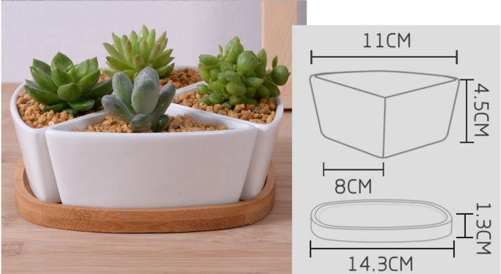 Maceta Triangular Cer&aacute;mica Blanca con Base de Bamb&uacute;