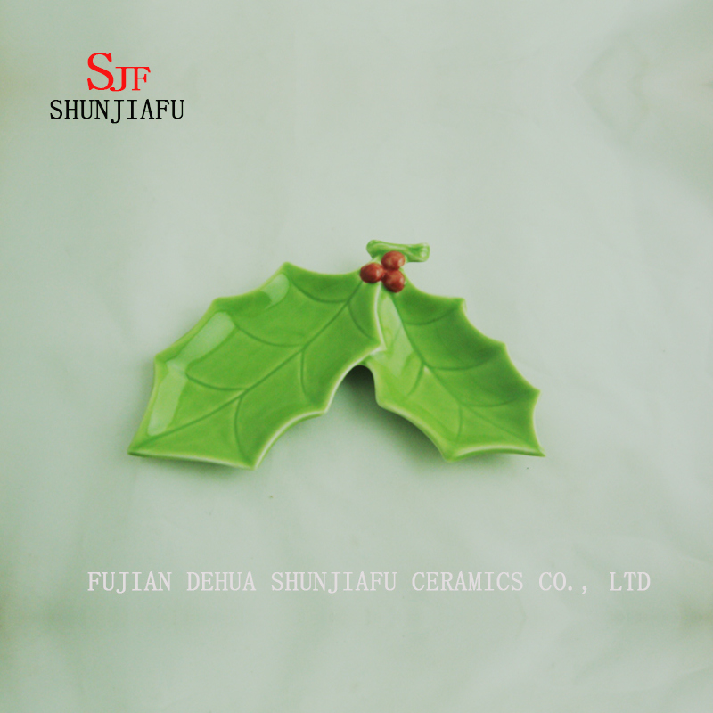 Plato doble navide&ntilde;o de cer&aacute;mica de 2 hojas / tama&ntilde;o verde