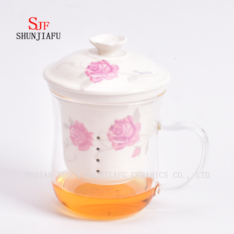 Taza de flores de vidrio resistente al calor Filtro de revestimiento de cer&aacute;mica en tazas transparentes de oficina cubiertas, 400 ml