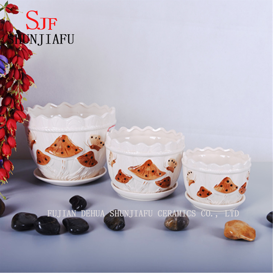 Set de 3 macetas de cer&aacute;mica con hermoso patr&oacute;n de setas