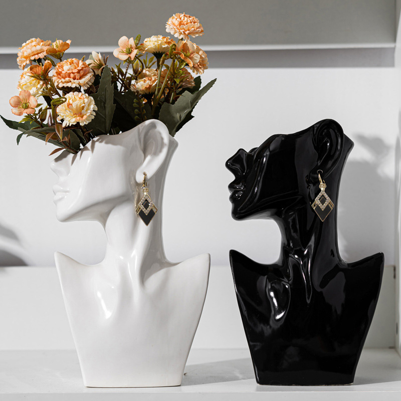 Estatua de cerámica moderna al por mayor del busto del florero de la cara para la decoración casera, soporte de exhibición de la joyería de las macetas de la cabeza humana de la porcelana de encargo del OEM