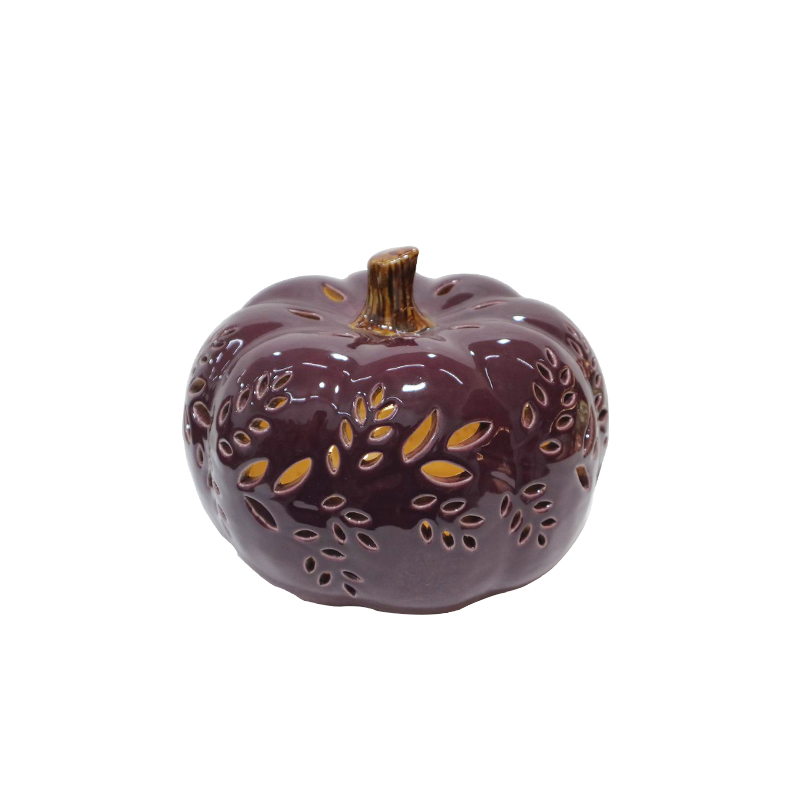 Venta al por mayor de linterna LED de calabaza de cerámica, juego de 3 diseños de hojas huecas, cosecha de otoño, decoración del hogar de Halloween y Acción de Gracias