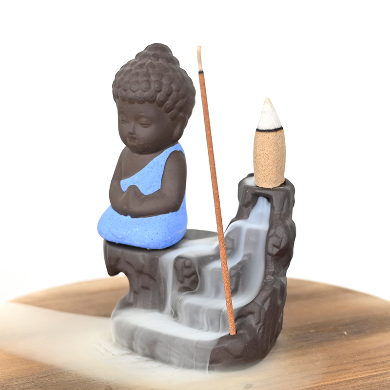 Quemador de incienso de reflujo de cascada de cerámica Soporte de incienso de reflujo de cascada de pequeño Buda azul de cerámica