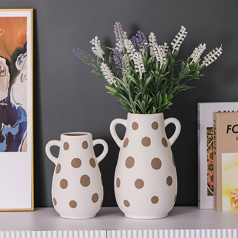 Jarrón de cerámica con dos orejas de patrón de oro de color jarrón de diseño de la cara de cerámica, recipiente de arreglo floral muebles para el hogar decoración