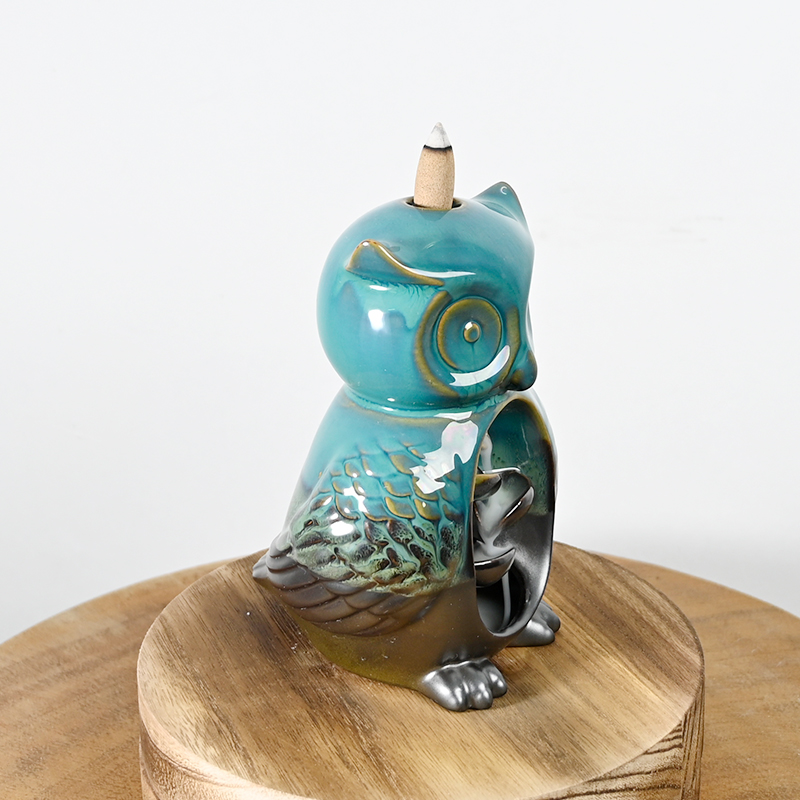 Azul Glaze Owl Staty Statue Diseño de la cascada Incienso Cono Cono Cerámico Backflow Incienso Quemador