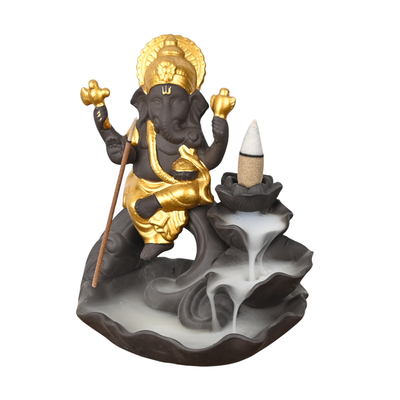 Quemador de incienso de reflujo de cascada estilo Ganesha de cerámica dorada