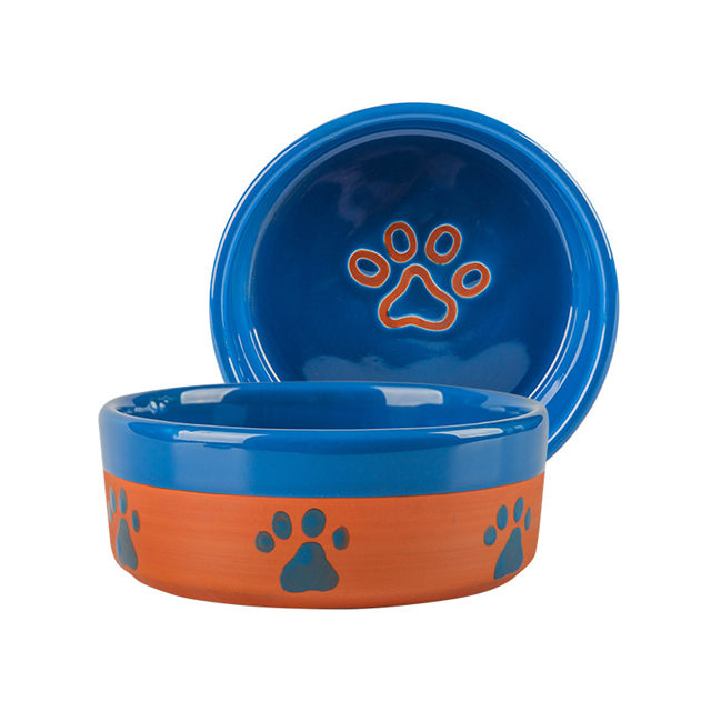 con huellas de perro Impresión de hueso impreso circular en el tazón Inferior Alimento para perros de cerámica Azul y naranja Alimentador de mascotas de cerámica Tazón de cerámica para perros de color rosa