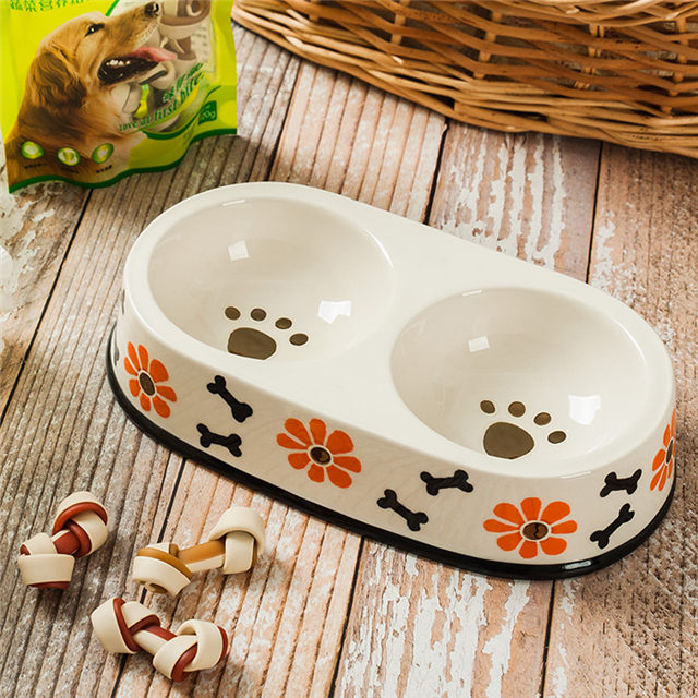 Círculo negro Borde Tazón Impresión inferior Pie de perro Circular Pie de perro Cerámica Doble cuenco Integración Cuenco de perro Alimentador de cerámica para mascotas
