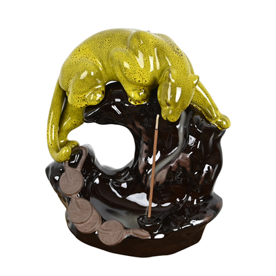 Quemador de incienso de reflujo de cascada de cerámica con diseño de leopardo dorado