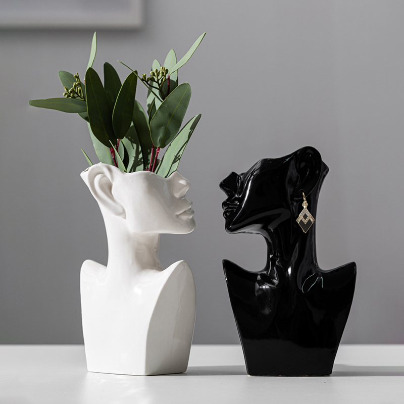 Estatua de cerámica moderna al por mayor del busto del florero de la cara para la decoración casera, soporte de exhibición de la joyería de las macetas de la cabeza humana de la porcelana de encargo del OEM