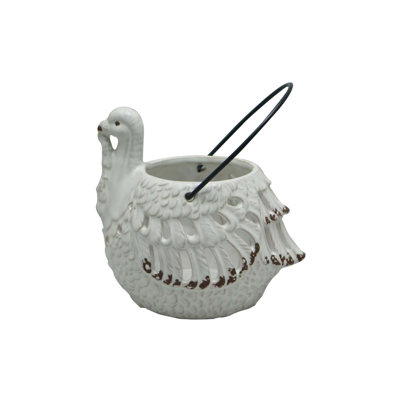 Linterna de vela de huracán tallada hueca de pavo de cerámica con mango de Metal, decoración colgante para el hogar de Acción de Gracias de otoño al por mayor