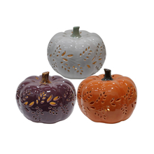 Venta al por mayor de linterna LED de calabaza de cerámica, juego de 3 diseños de hojas huecas, cosecha de otoño, decoración del hogar de Halloween y Acción de Gracias