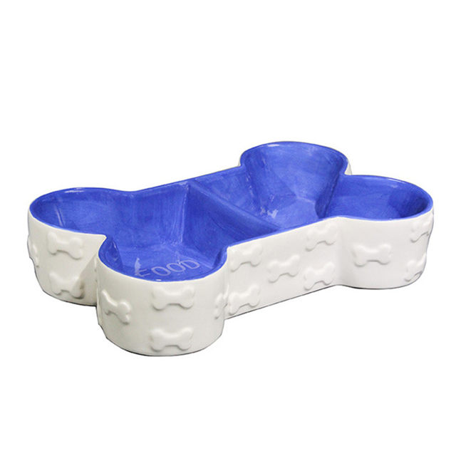 Cuenco Inferior Forma de hueso azul Diseño de cuenco doble Cuenco para perro Lavabo de comida de cerámica Lavabo de comida para mascotas Lavabo de comida para mascotas encantador