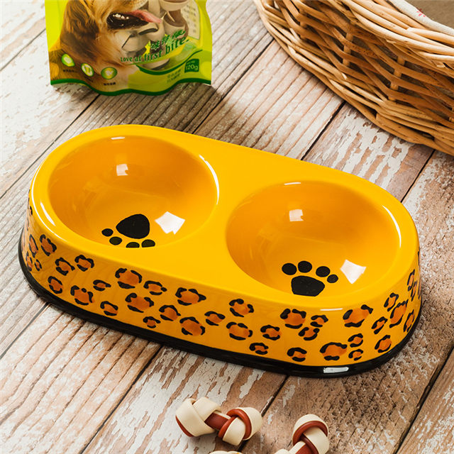 Círculo negro Borde Tazón Impresión inferior Pie de perro Circular Pie de perro Amarillo Cerámica Doble cuenco Integración Cuenco de perro Cerámica Alimentador de mascotas