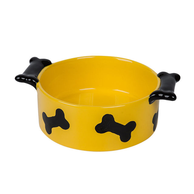 Hueso negro impreso con mango de cerámica Alimentador de cerámica para mascotas Tazón de perro de cerámica amarillo