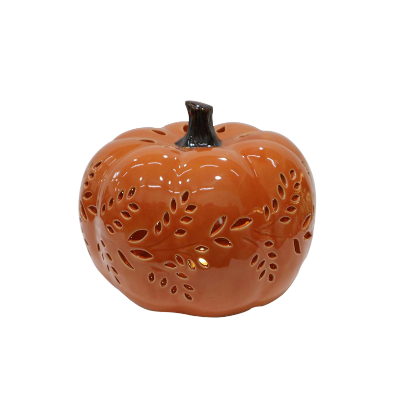 Venta al por mayor de linterna LED de calabaza de cerámica, juego de 3 diseños de hojas huecas, cosecha de otoño, decoración del hogar de Halloween y Acción de Gracias