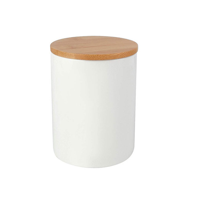 Olla de cerámica blanca Con tapa de bambú Tienda de galletas dulces de café Jarra de cerámica