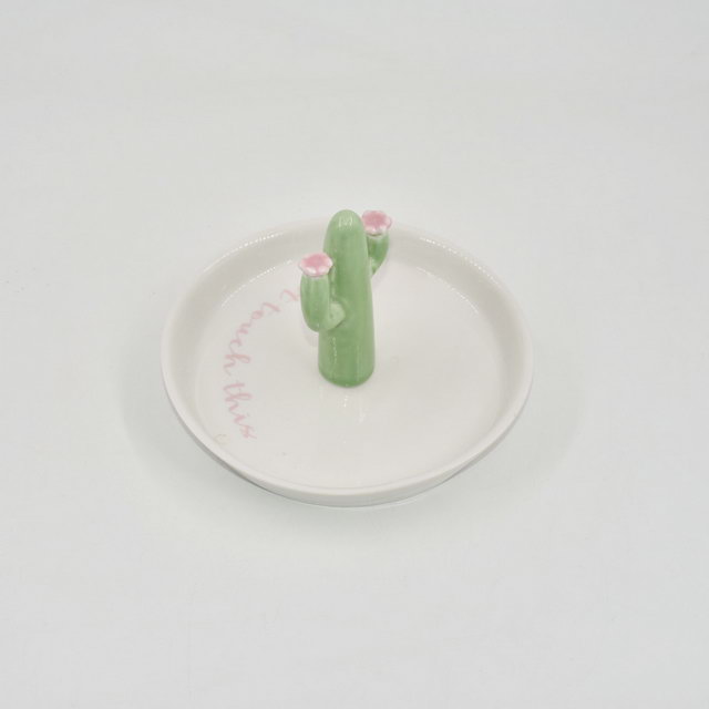 Bandeja de baratija de regalo de decoración para el hogar con forma de cactus verde Bandeja de exhibición de joyería con soporte para anillo de bodas de cerámica