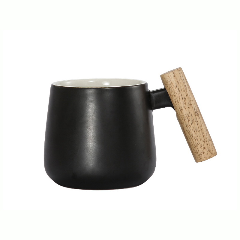 logotipo personalizado caja de regalo taza de café de porcelana 360ml Negro 、 blanco Manijas de madera Taza de cerámica